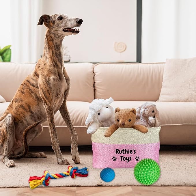 Custom Dog Basket for Toys Collapsible Storage Bin Grey Brow Pink Purple Blue Rectangular Pet Storage Organizer Box with Handles Medium Personalized Pet's Name