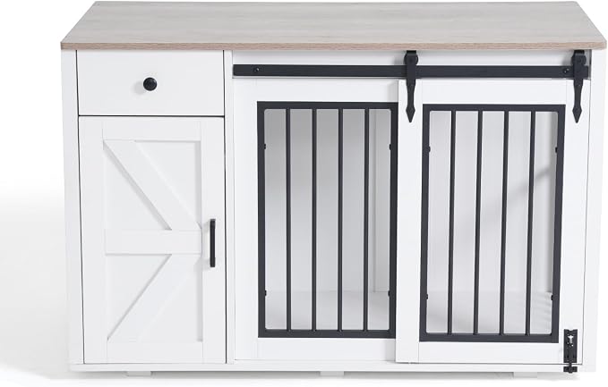 Verano Garden 44" Dog Crate Furniture, Dog Kennel (44" Left Facing Door) | 2-in-1, Lockable, Sliding Door, Removable Divider, Adjustable Shelf, Farmhouse, Heavy Duty, Small Medium Dogs, White