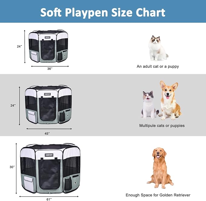 JESPET 61" Pet Dog Playpens, Portable Soft Dog Exercise Pen Kennel with Carry Bag for Puppy Cats Kittens Rabbits,Shale Green | 2-Door, Easy to Fold, Ground Stakes, Zipper Locks, Large Storage Pocket, Washable Top Mesh Cover & Bottom Cover