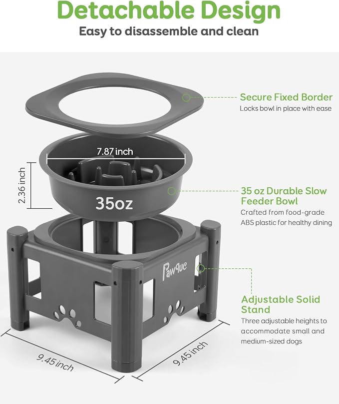 Pawque 35oz Elevated Slow Feeder Dog Food Bowls with Adjustable Stand | 3 Heights (6.1", 7.7", 9.3"), Raised Dog Bowls for Medium and Small Breed Dogs Cats, Non Slip Rubber & Mess Proof