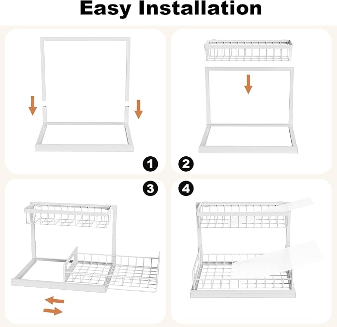 Under Sink Organizer, L-Shaped 2 Tier Pull Out Cabinet Organizer | Slide Out Under Cabinet Storage, For Kitchen and Bathroom, Metal Under Sink Storage with Sliding Drawer, 50 lbs, White 2 Pack