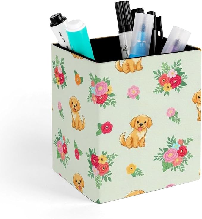 PU Leather Pencils Holder Organizer Case Golden Retriever Floral Dogs Desktop Pencil Cup Holder Stationery Container Box Office Makeup Brush Organization