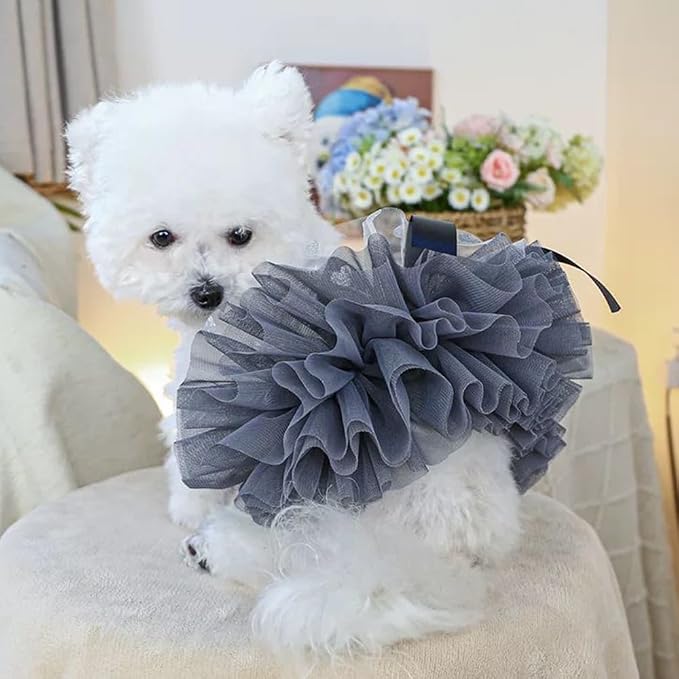 Gray Dog Tutu Dress with Bow Knot Sleeveless Puppy Clothes for Small Dogs Girl Spring Summer Cat Princess Dresses Holiday Pet Sundress Outfit (Grey, X-Large)