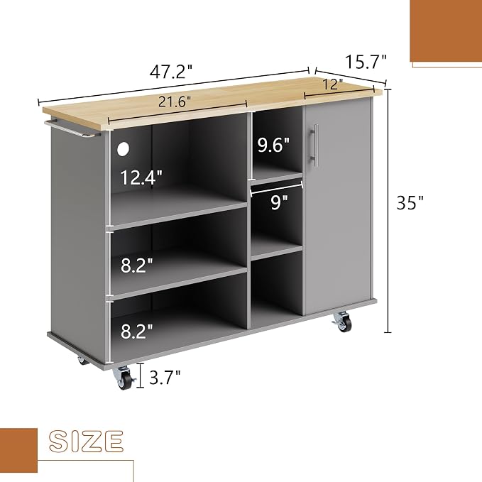 QAQA 48" Kitchen Island Cart Furniture cart on Wheels with Storage，Rolling Portable Dining Room Serving Utility Carts Mobile Movable with Drawers Cabinet,Grey
