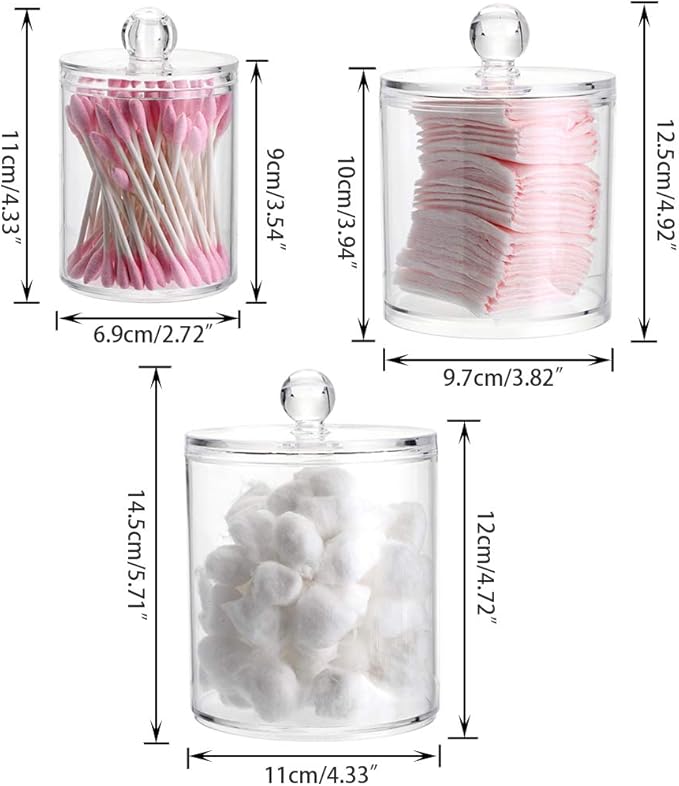 Hipiwe Set of 3 Cotton Ball and Swab Organizer Acrylic Q-Tips Jar with Lid | Clear Apothecary Jar Makeup Organizer Holder, Bathroom Vanity Storage Canister for Cotton Rounds and Pads