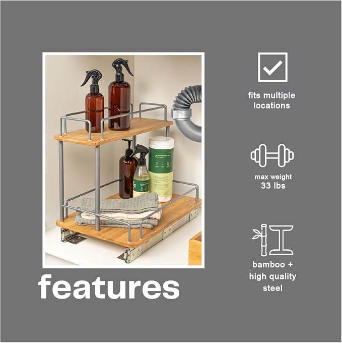 Household Essentials Bamboo and Silver Iron Two-Tier Slide-Out Organizer