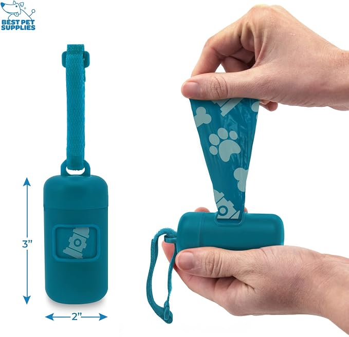 Best Pet Supplies Dog Poop Bag Holder Leash Attachment with Reusable Dispenser for Travel, Walking, Park, and Outdoor Use, Durable with Clip-On - Turquoise, Pack of 2, Plastic Dispenser w/30 Bags
