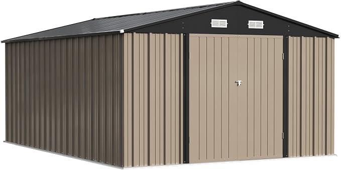 Patiowell 10x14 FT Outdoor Storage Shed, Brown | Garden Metal Shed, Lockable Doors, Sloping Roof, Large Outside Utility Tool Sheds For Backyard Garden Patio