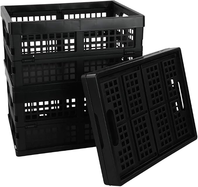 3-Pack 15 L Stackable Storage Baskets, Collapsible Crates, Black | Folding Storage Containers for Organizing Tools, Books, Food, Drinks, Camping & Transport
