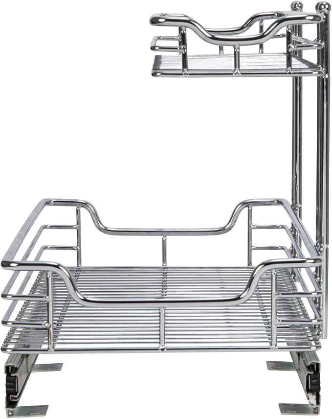 Household Essentials Glidez 2‑Tier Large Multipurpose Chrome‑Plated Steel Pull‑Out/Slide‑Out Under Sink Organizer, Chrome Finish