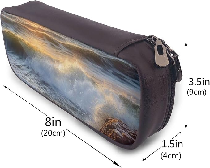 Leather Pencil Case Organizer Big Capacity Pencil Pouch Storage Bag With Compartments Cute Pencil Bag Rocky Wave Sunset Painting Pen Box Portable Cosmetic Makeup Bag Organizer