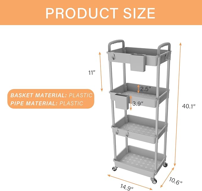 4 Tier Rolling Utility Cart with Handle,REBECAT Utility Cart Made of Multifunctional Storage Organizer Tool for Kitchen,Bathroom,Living Room,Office(Gray)