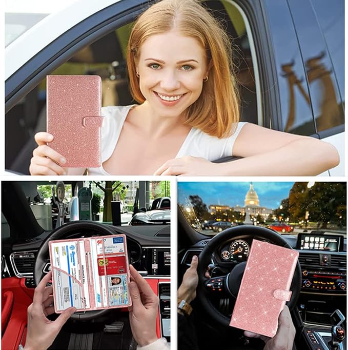 Car Registration and Insurance Card Holder, Document Holder for Cards, Driver Vehicle License Document Glove Box Compartment Organizer, Car Essentials For Women
