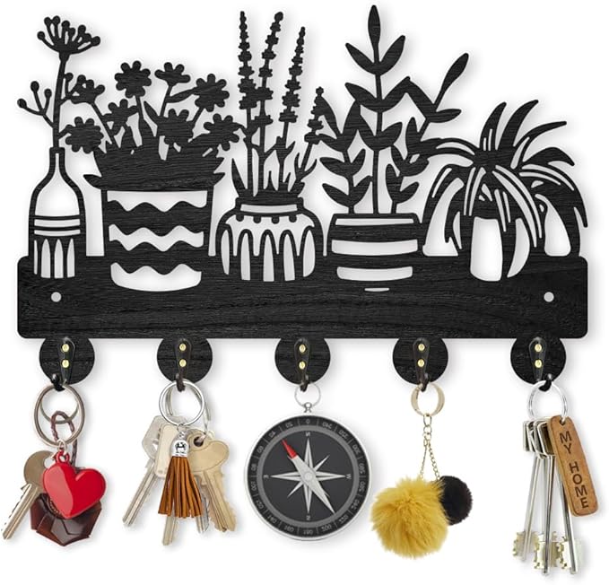 MAYJOYDIY Potted Plant Coat Hooks Wall Mount Wood Flower Pot Key Holder 11.87.9inch 5 Alloy Hooks Black Key Rack Organizer for Gift Wall Art Decor Florists Entryway Hallway Kitchen Room