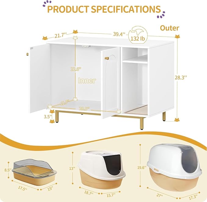 Hzuaneri Cat Litter Box Enclosure,Hidden Litter Box Furniture with Storage | Large Wooden Cabinet with Sisal Mat, Modern Cat Washroom for Living Room, Bedroom, Entryway, White and Gold CB84903A