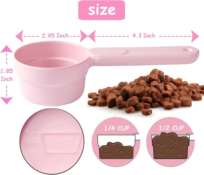 Joyinjojo Dog Cat Food Scoop - Pet Food Scoop Dog Food Measuring Cup 1/2 1/4 Cup, Comfortable Long Handle for Easy to Scoop Food, Soft Pink 1/2 Cup