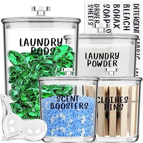 4 Pack Laundry Room Organization Jars - Laundry Storage Containers with Labels & Scoops Hold Pods, Powder, Scent Booster, Beads, Soap, Detergent - Great Laundry Organizer - Clear Acrylic
