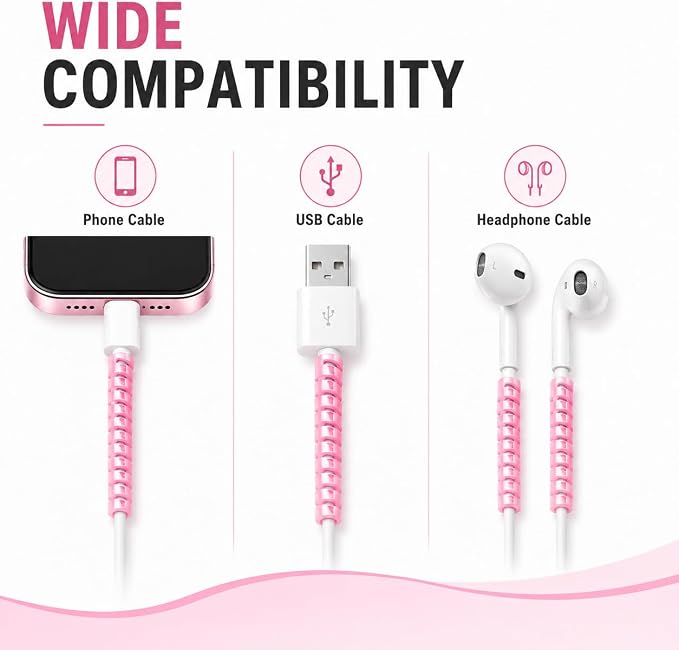 Cable Protector Animal Proof Wire Repair, Pink Cord Protector for Pets Headphone Saver Spiral Cable Wrap Strain Relief, Cord Sleeve for Phone Cable USB Date Cable