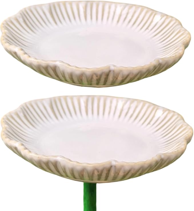 Ceramic Bird Bath Set of 2 with Fluted Bowl Stake, B | Decorative Glazed Water Basin for Patio Garden Balcony Display