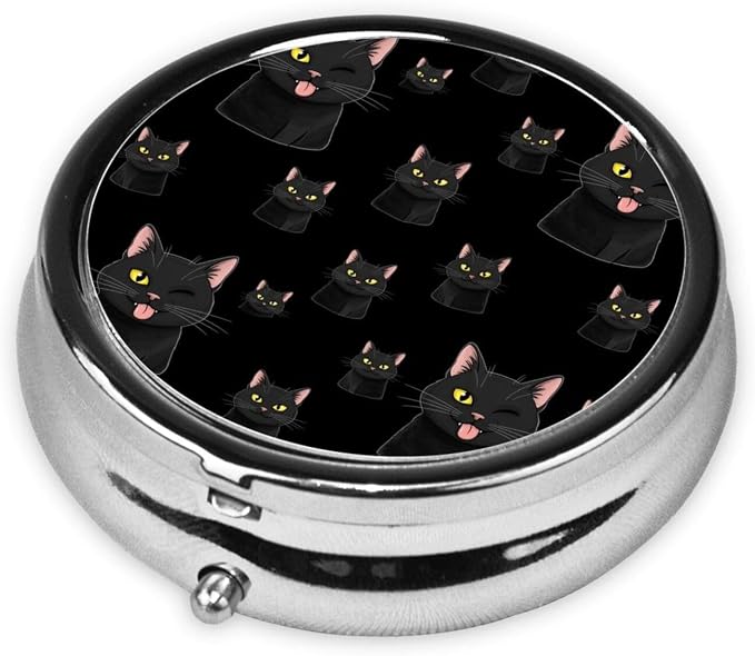 Mini Pill Case, Round Compact Organizer, Portable Holder for Supplements, Travel Pill Box Purse Carry for Students, Cool Funny Black Cats