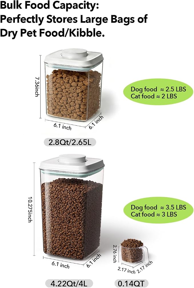 Dog Food Storage Container with One-Touch Lid, 4.22 QT / 4.0 L BPA-Free Cat Food Storage Container，Stackable Durable PET with 130ml Scoop, for Kibble, Treats, and Precise Feeding
