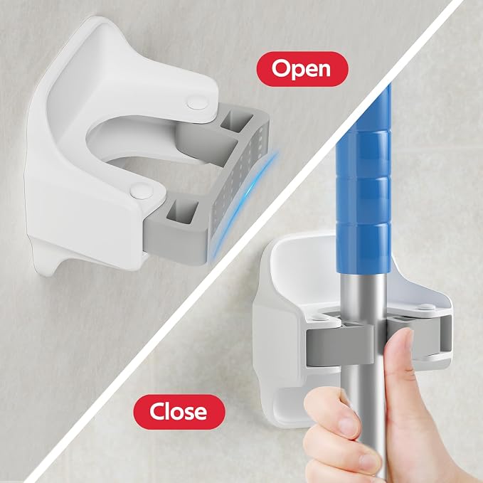reliahom Broom Holder Wall Mount Mop Grippers organizer wall hanging, 5Pack | No Drilling Self Adhesive Easy install Anti-Slip Mop Broom Hanger Storage Rack for Kitchen,Laundry Room,Garden,Garage, White