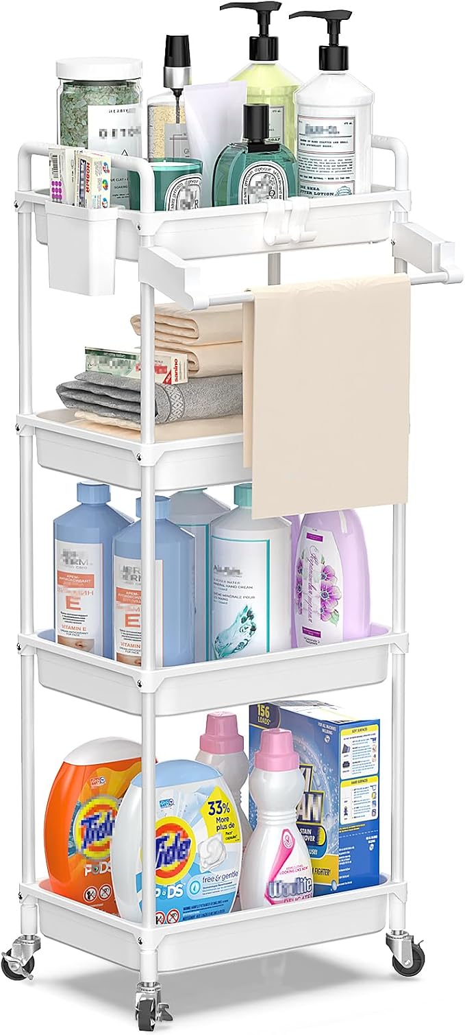 SPACEKEEPER Rolling Storage Cart, 4 Tier Utility Cart for Bathroom, White | Rolling Cart with Lockable Wheels, Towel Rack, Hooks & Cup for Laundry Room,Kitchen,Office, Snack,Craft,Art,Makeup,Nail,Toys