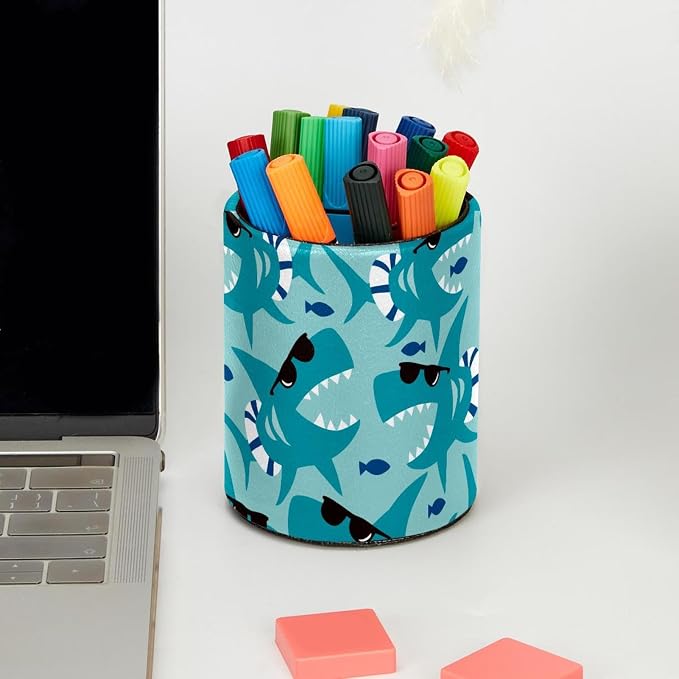Desk Pencil Pen Holder, Cool Blue Shark with Black Sunglasses Pen Organizers for Desk Desktop Storage Stationery Supplies Cup Pot for Office School Home
