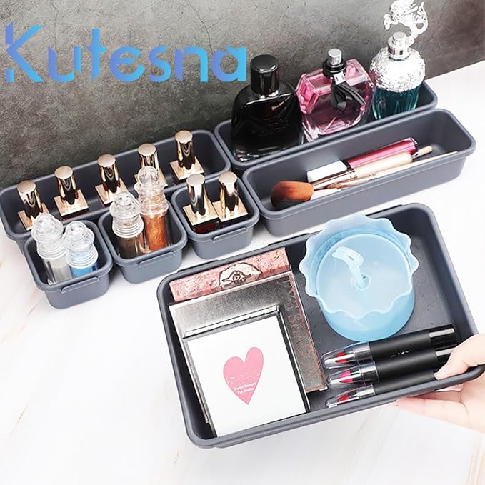 Kutesna 44 PCS Interlocking Drawer Organizer, Plastic Desk Organizer Set | 4-Size Versatile Storage Bins,BPA-free, Non-slip, Fits Any Drawer for Cosmetics, Bathroom, Tools, Kitchen and Office