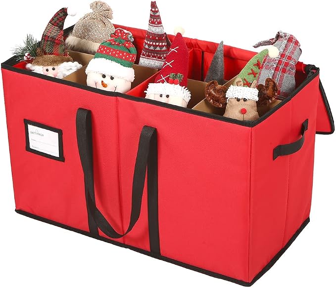 Sattiyrch Christmas Figurine Storage Box & Nutcracker Storage Container, 600D Canvas,Keeps 8 Holiday Figurines,15 Inches,Adjustable Area & Pockets for Decorations