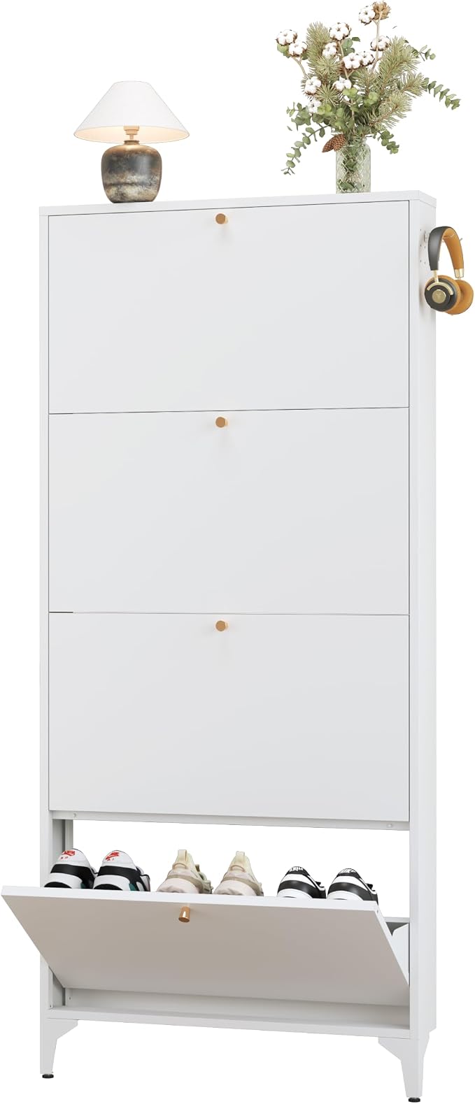 Shoe Cabinet with 4 Flip Drawers, Narrow Shoe Storage Cabinet, Farmhouse Shoe Organizer, Freestanding Organizer with Metal Legs for Entryway, Foyer (White, 4 Door)