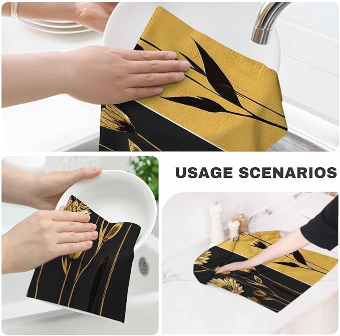 Flower Kitchen Towels Set of 2 Modern Abstract Gray Gold Sunflower Dish Towels Absorbent Soft Hand Tea Bar Towels for Farmhouse Home Decor 16"X24"