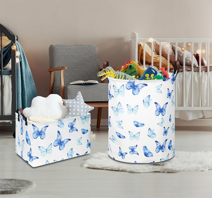 NTAOHAMPER Rectangular Blue Butterfly Storage Basket,baptism basket for favors,Collapsible Gift Basket with Handles,Kids Toys/Books Box(Blue Butterfly)