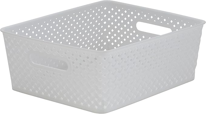 Simplify Medium Resin Wicker Tote | Storage Bin | Plastic Organizer | Carrying Handles | Bathroom | Pantry | Accessories | Cleaning Products | White