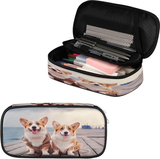 Two Cute Corgi Dogs Beach Pet Pencil Case Pouch, Big Capacity Waterproof Pen Bag for Students Teens Adults, Large Storage Organizer for Stationery