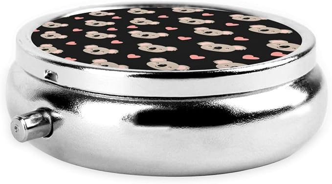 Travel Pill Container, Cute Koalas and Pink Hearts Round Metal Organizer, 3-Section Case for Medicine, Pocket Purse Dispenser for Business Travel