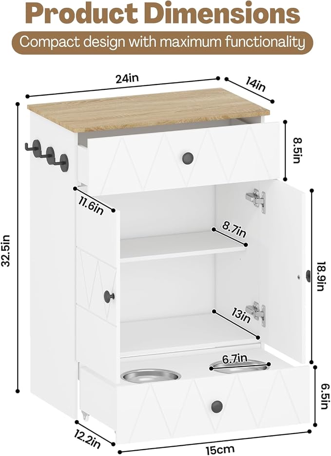 Dog Feeding Station with Storage Cabinet, Hidden Pull-Out Elevated Dog Bowls, Stainless Steel Feeding Drawer, Adjustable Shelves & Hooks, Modern Pet Food Storage Organizer for Dogs (White)