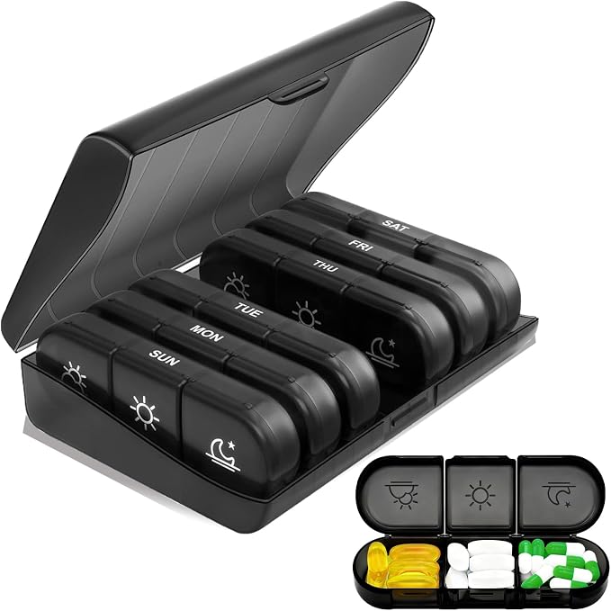 Weekly Pill Organizer 3 Times a Day, 7-Day Pill Boxes, Monthly Medication Organizer 21 Days Portable Compartments & Moisture-Proof Outer Case for Vitamins, Fish Oils, Supplements (Black)