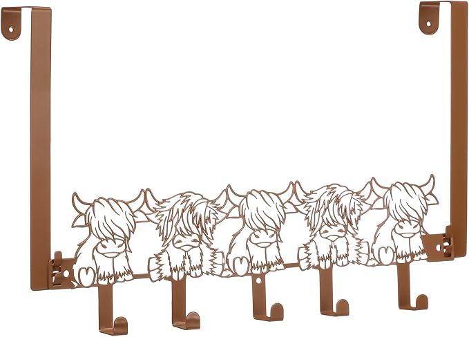 AceOrbit Highland Cow Over The Door Hooks Hanger 5 Hooks Rustic Decor | for Bedroom Bathroom, Organizes Towels Hats Clothes, Farmhouse Decor, Over the Door for Kids