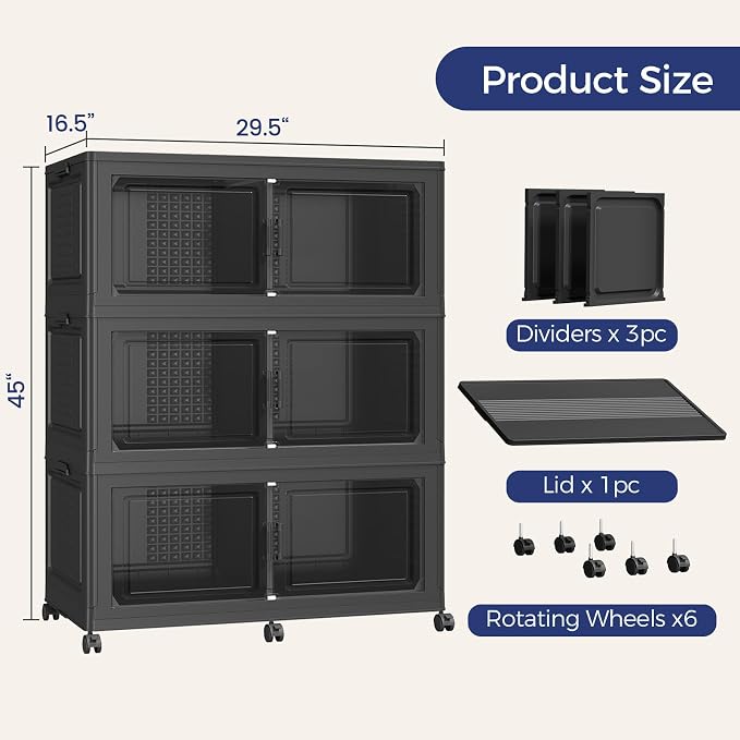 120Gal Stackable Storage Bins with Lid 3-Tier Collapsible Cabinet Closet Organizer Box with Wheels, 480QT Large Plastic Drawer Container with Doors for Clothes Kitchen Organizing, Black