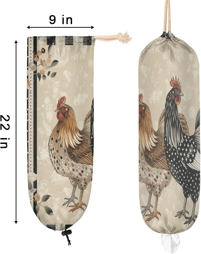 Vintage Chicken Plastic Bag Holder Leaves Rustic Farm Rooster Grocery Bag Storage Dispenser Washable Hanging Shopping Bags Carrier Reusable Wall Mount Trash Bag Organizer for Kitchen Pantry