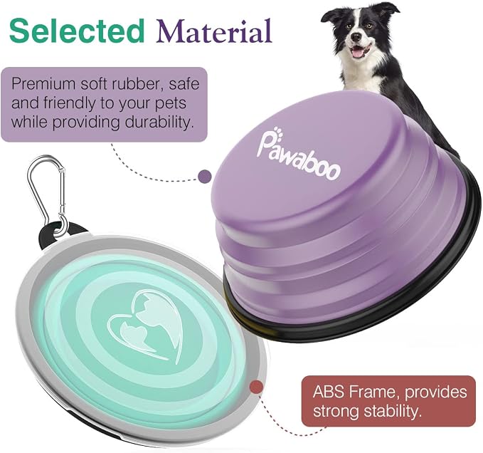 Pawaboo Collapsible Travel Dog Bowls 2 Pack with Lids&Carabiners Silicone | Feeding Watering Bowls for Dogs Cats, Collapsable Water Feeder Food Bowl for Walking Traveling Home Use, VioletTurquoise