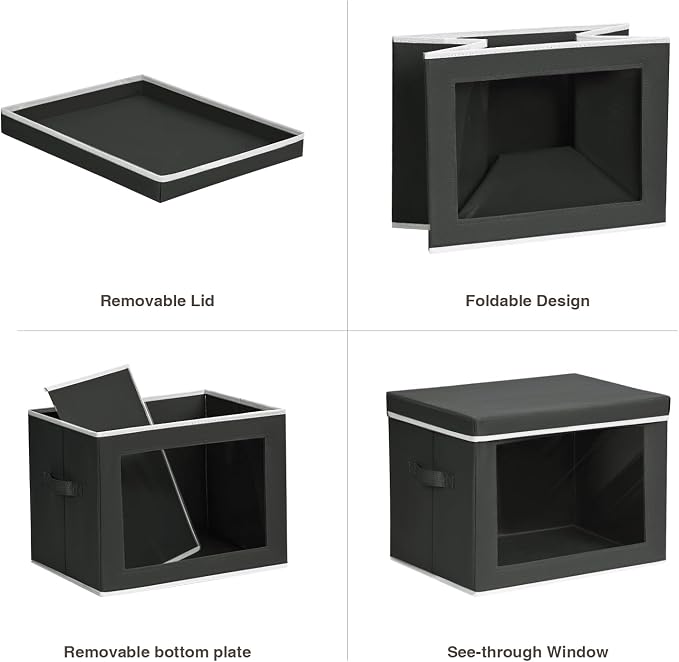 Cube Storage Bins with Lids, Clear Window Storage Baskets for Organizing, Fabric Organizer Bins with Handle, Cloth Storage Bins for Shelves, Closet, Clothes, Towels, 4 Packs, Black