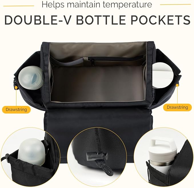 VERAVIE Extra Large Stroller Caddy Organizer Storage Bag, Cup Holders | One-hand magnetic closure, shoulder strap, diaper bag, wagon & pet stroller accessories, new mom essentials, baby travel gear
