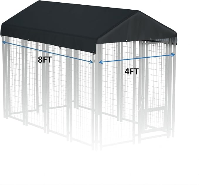 Outdoors Dog Kennel Cover 8' x 4' Replaceable Dog Kennel Cover Black | 420D Silver-Plated Waterproof UV Protection Oxford Fabric Lncludes a Ball-Ended Elastic Lanyard (Frame Not Included)