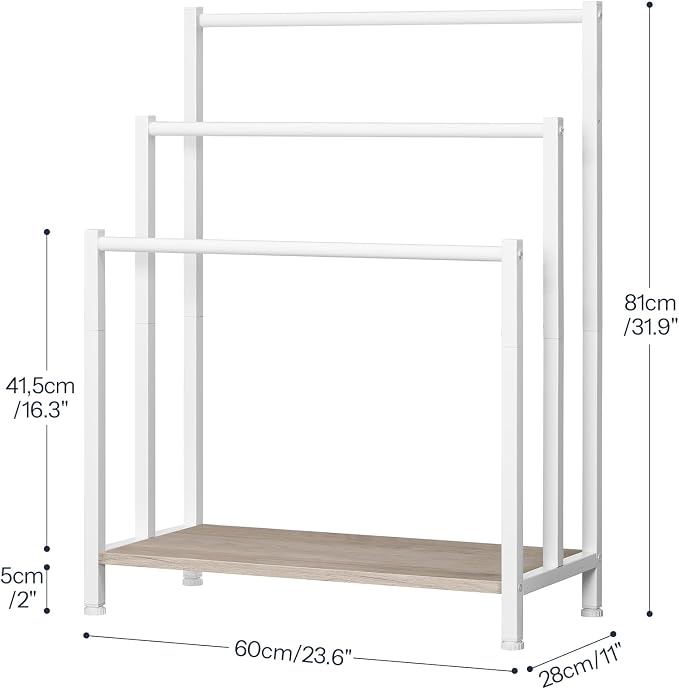 HOOBRO Free Standing Towel Rack, 3 Tier Blanket Rack, Blanket Holder for Bathroom, 23.6" L x 11" W x 31.9" H, Industrial Metal Drying and Display Rack with Shelf, White and Grey WG06LB01