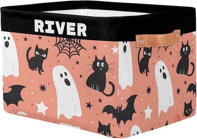 Personalized Dino Storage Basket with Name, Rectangle Toys Storage Bin with Handles for Baby Girls, Collapsible Basket for Clothes, Books, Halloween Spider Wed Ghost Cat Bat