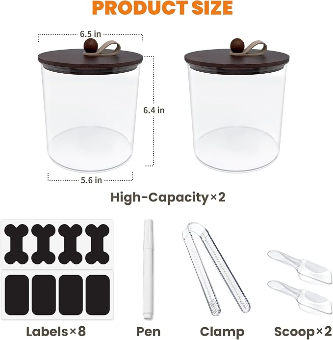 HOYTAMDAR 2 Pack Airtight Dog Treat Containers Bamboo Lids, Dog Treat Jars | Dog Food Storage Container with Scoops, Clamps, Labels and Marker, Dog & Cat Treat Holder
