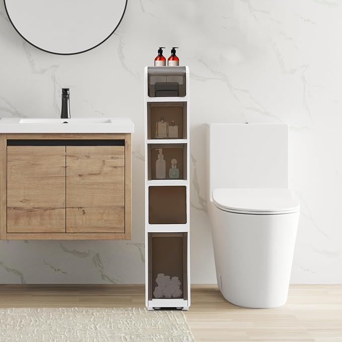 Slim Bathroom Storage Cabinet with Trash Can, Narrow Movable Waterproof Bathroom Floor Cabinet with Toilet Paper Holder for Bathrooms Toilet (15.1 * 6.9 * 37.8in)