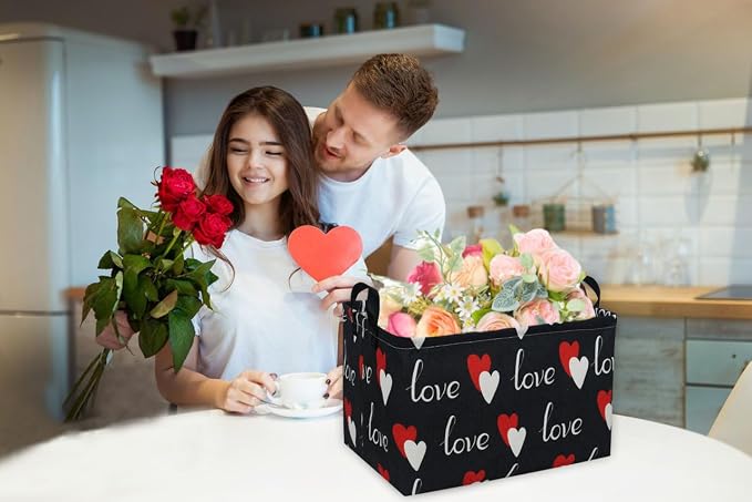 Essme Rectangular Heart Basket Gift Storage Box,Heart Storage Bins Organizer with Handles for Girls Room Decor,Basket,Shelf Basket.(Black love)
